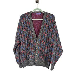 Retro Wool Grandpa Sweater L Gray Textured Preppy Classic Festive Holiday 80s